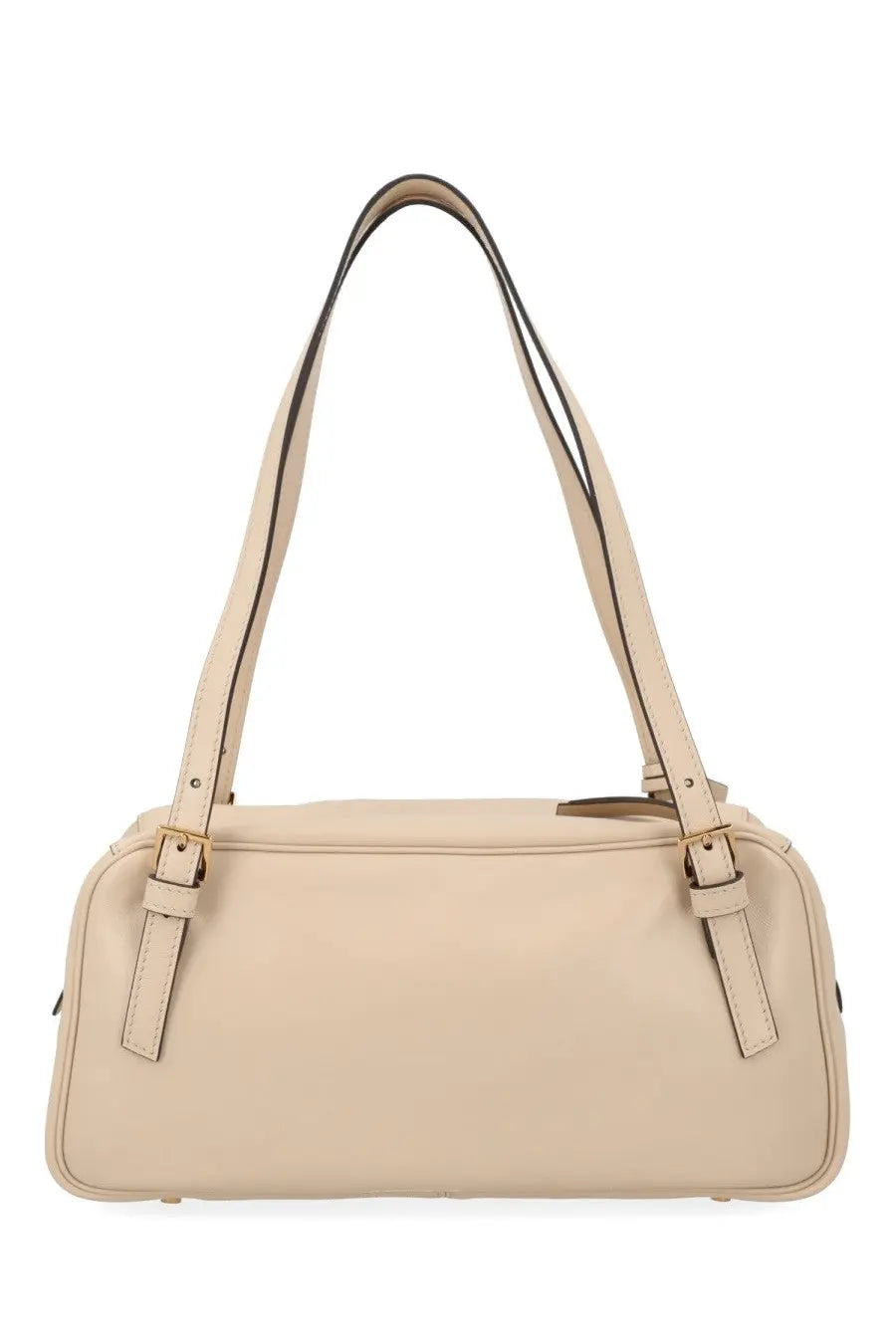 Beige leather versace women’s shoulder bag with gold-tone hardware and dual top handles white color
