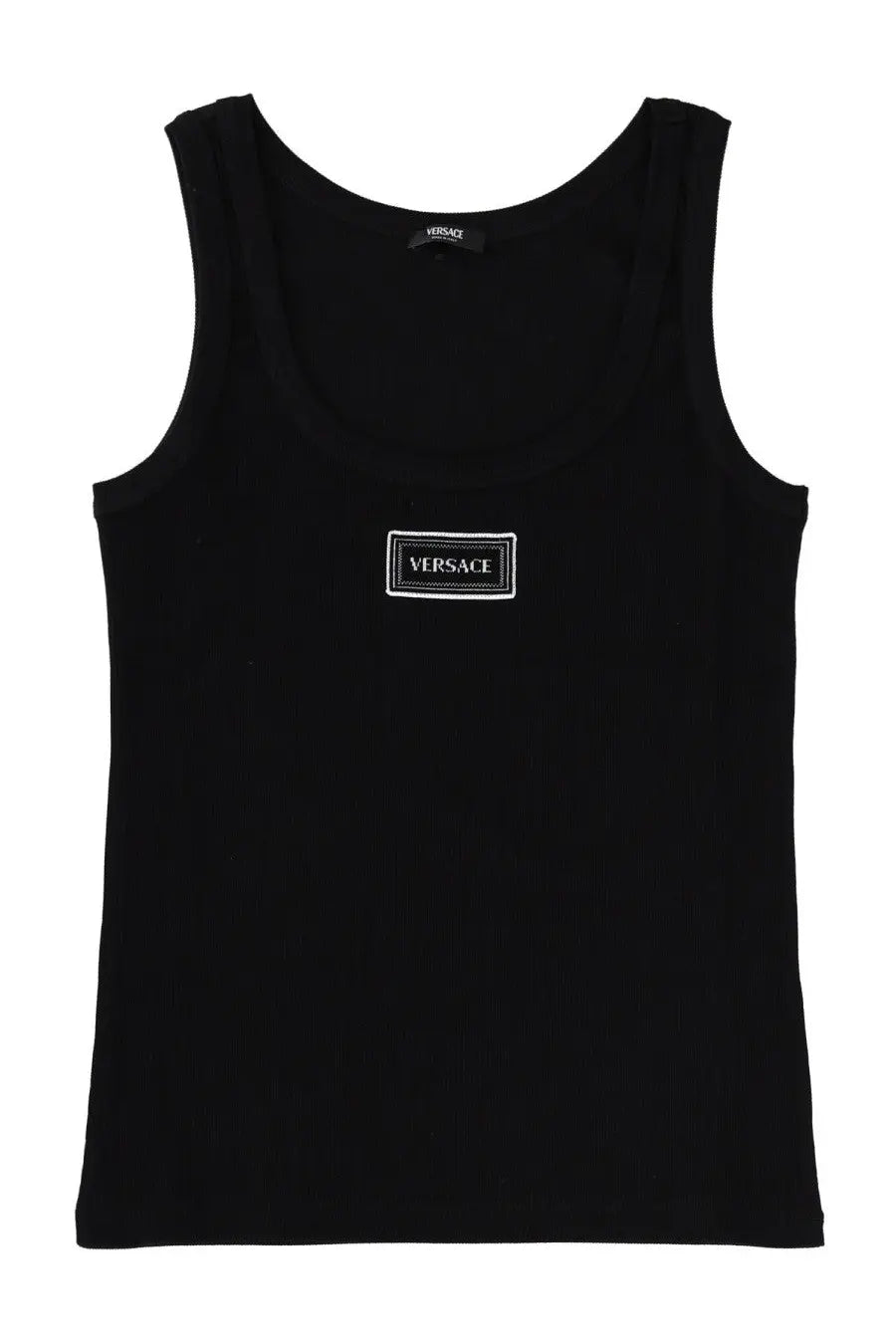 Versace women’s black tank top featuring a white embroidered logo patch on the chest for stylish casual wear