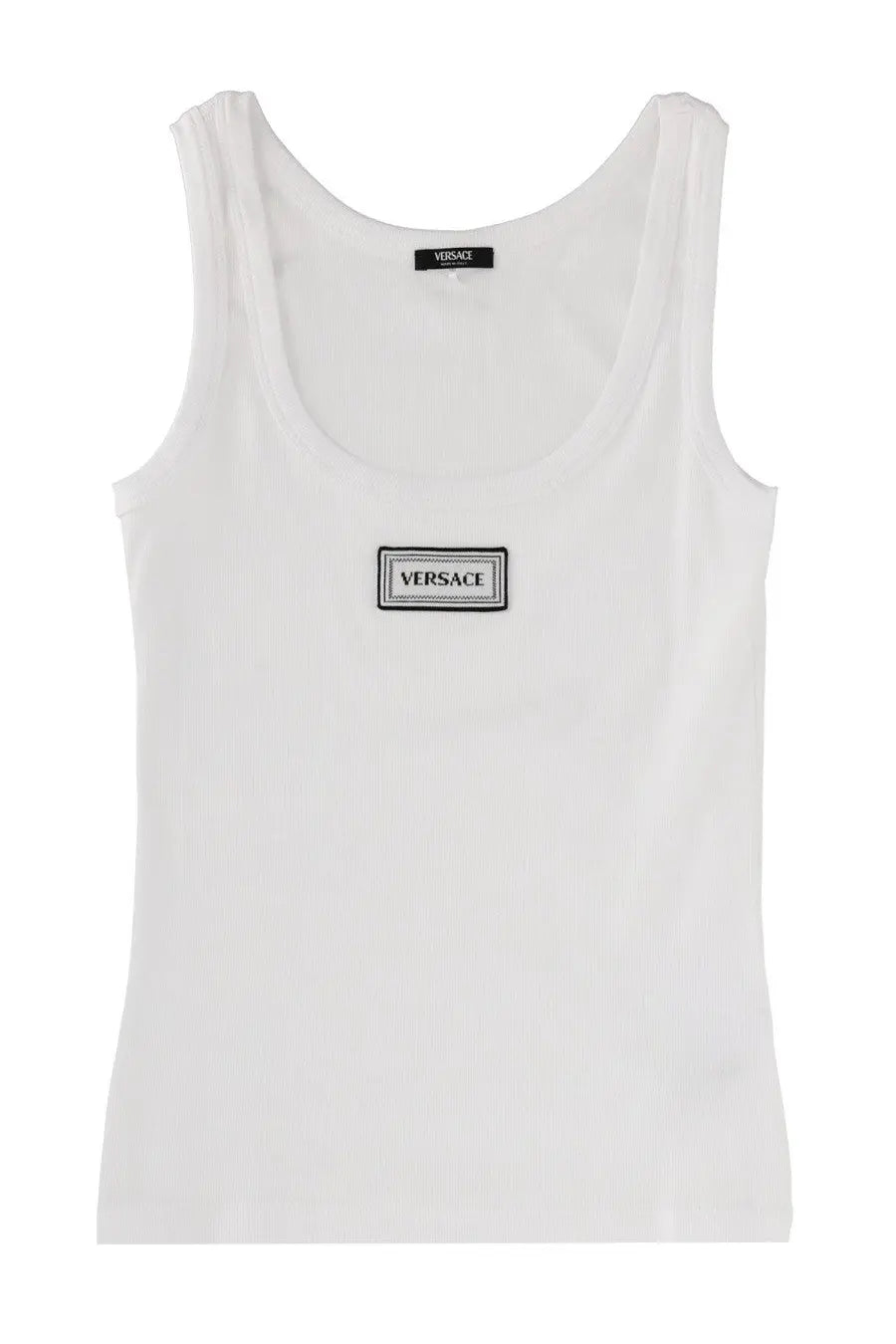 Versace women’s white tank top featuring a black embroidered logo patch on the chest in cotton material