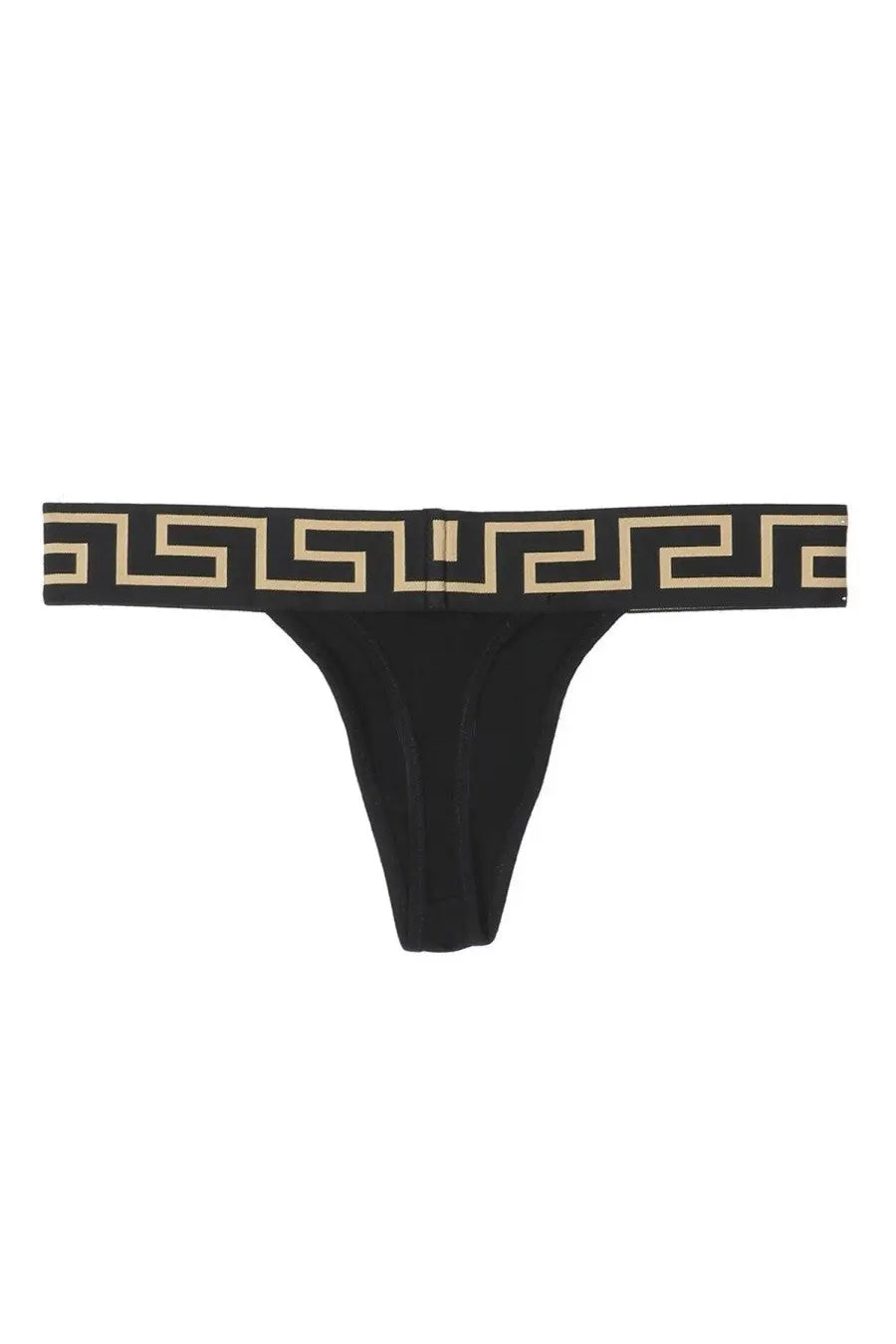 Versace womens black thong featuring a beige greek key pattern along the waistband shown from the back side