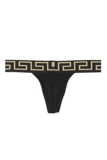 Versace womens black thong featuring a beige greek key pattern along the waistband shown from the back side