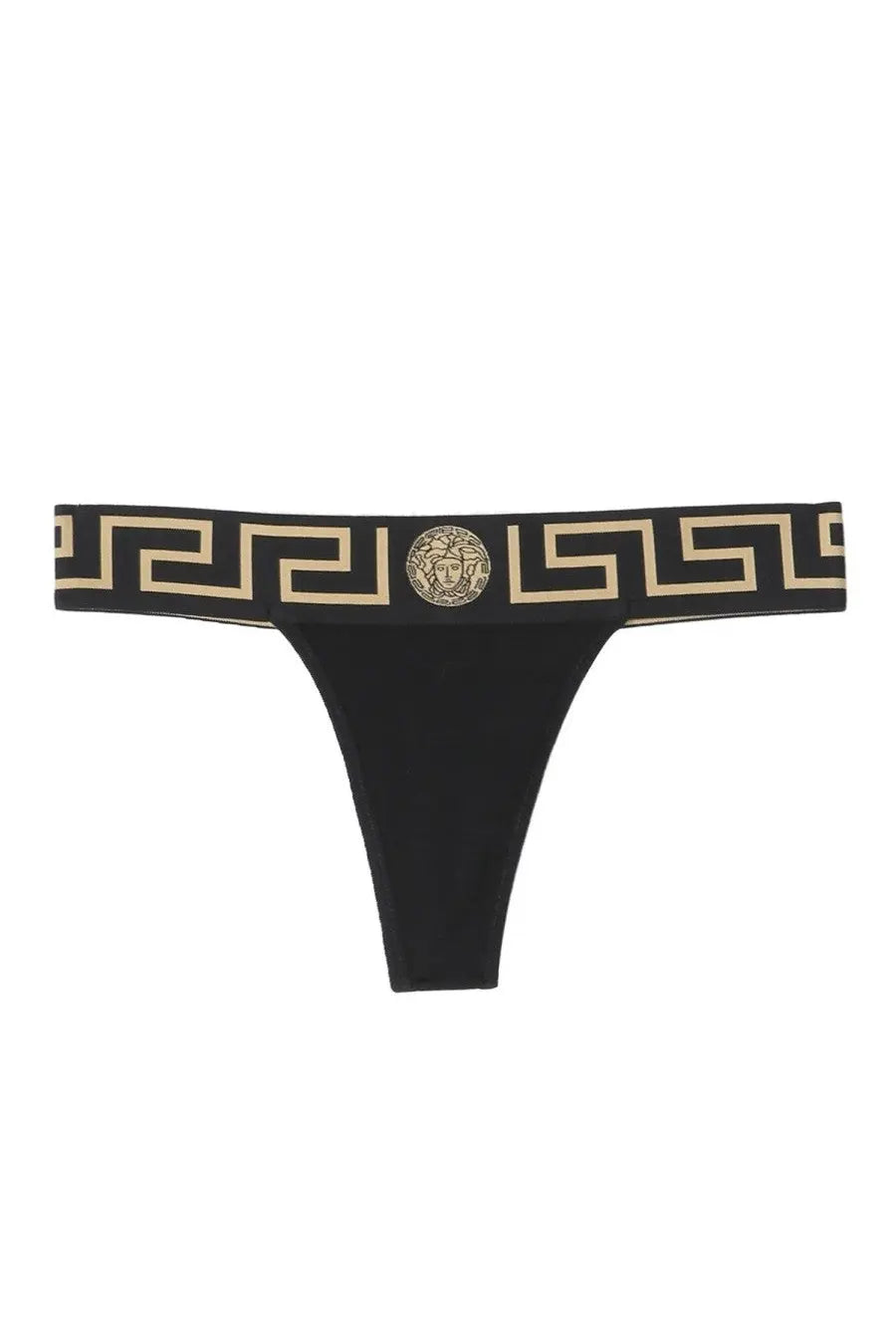Versace women’s black thong with gold Greek key pattern and central medusa head emblem design