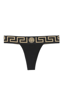 Versace women’s black thong with gold Greek key pattern and central medusa head emblem design