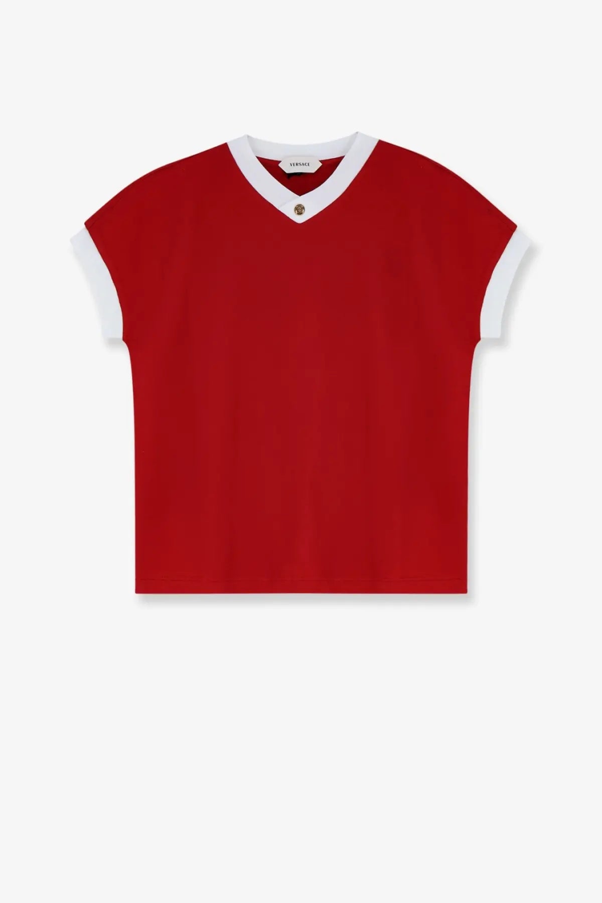Versace women’s vintage cotton red short-sleeved v-neck t-shirt with white trim and gold-tone button at neckline