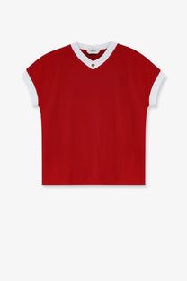 Versace women’s vintage cotton red short-sleeved v-neck t-shirt with white trim and gold-tone button at neckline