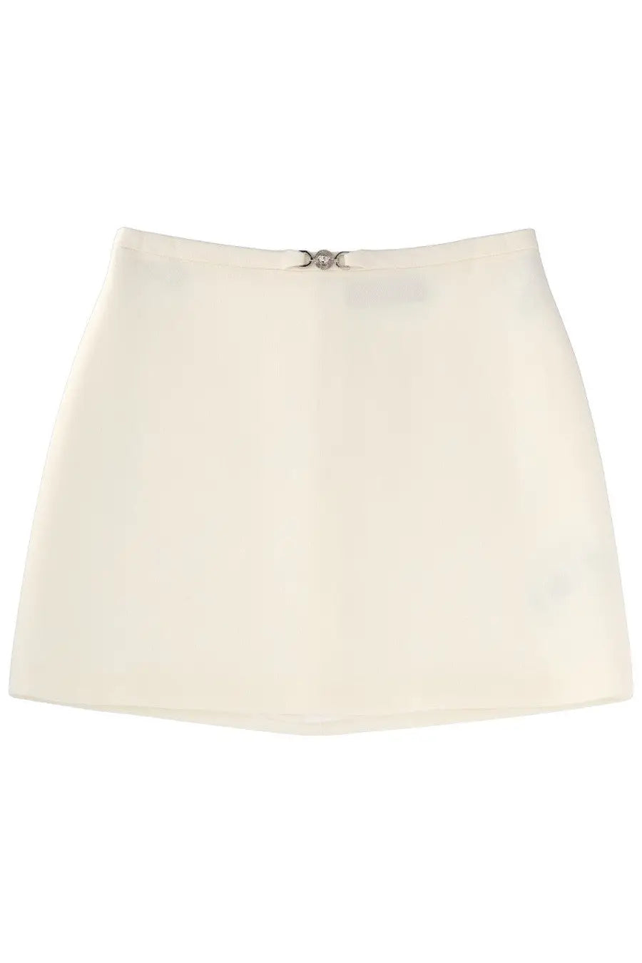 Versace women’s cream-colored virgin wool miniskirt with sleek fabric and silver-toned metallic buckle at the waist
