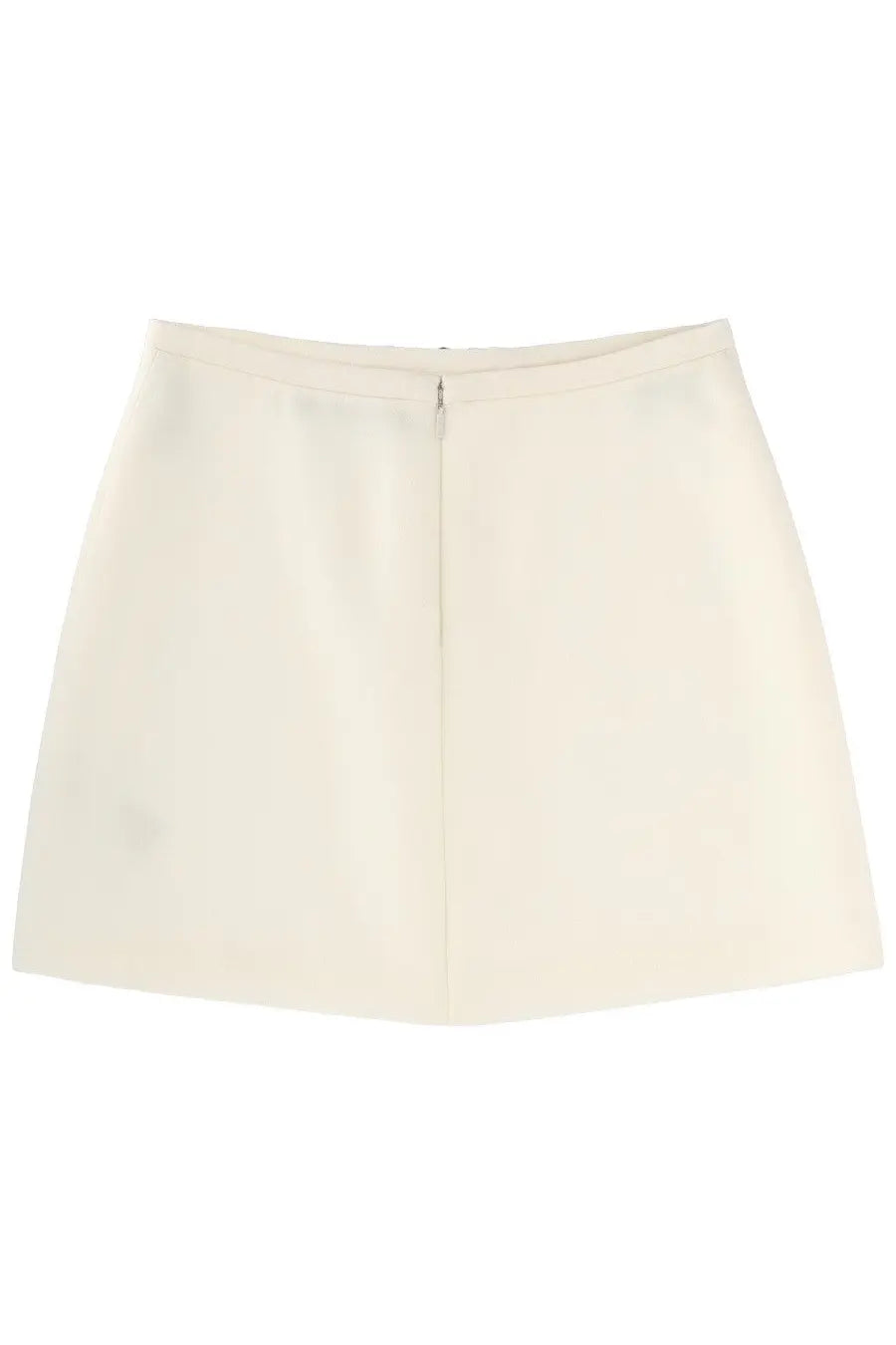 Back view of cream-colored versace women’s virgin wool a-line miniskirt with clean zipper closure