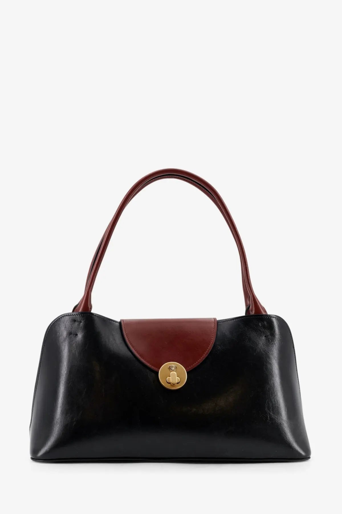 Versace women’s vivian leather shoulder bag in black and burgundy with gold tone clasp and leather material
