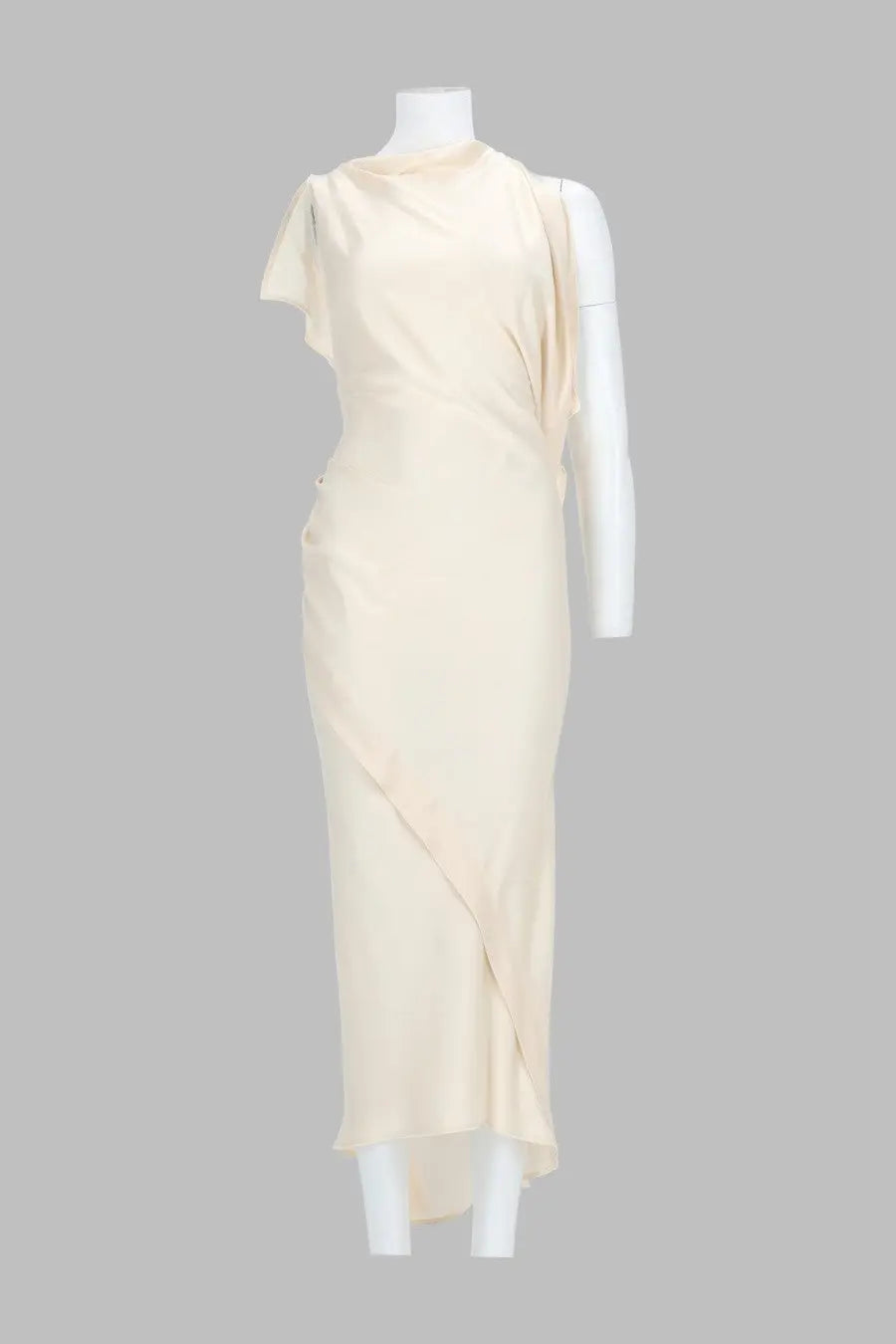 Victoria Beckham women’s cream-colored satin midi dress with asymmetrical draping and single shoulder design