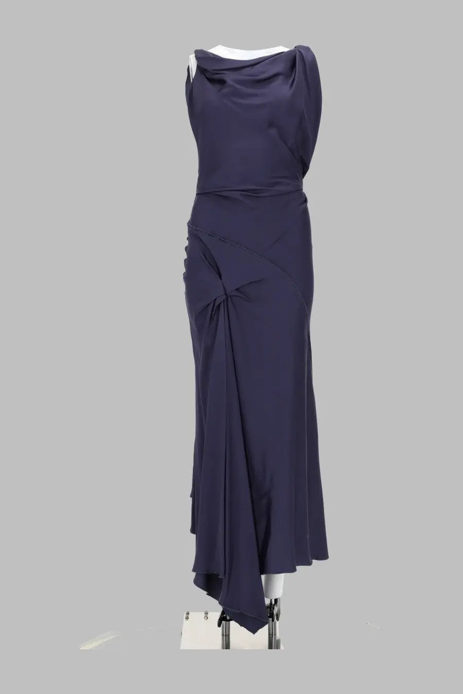 Victoria Beckham women’s abito midi posy blue sleek navy satin gown with draped neckline and asymmetrical hemline
