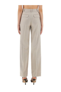 Beige victoria beckham women’s classic straight leg pants with high waist tailored fit and front flap pockets