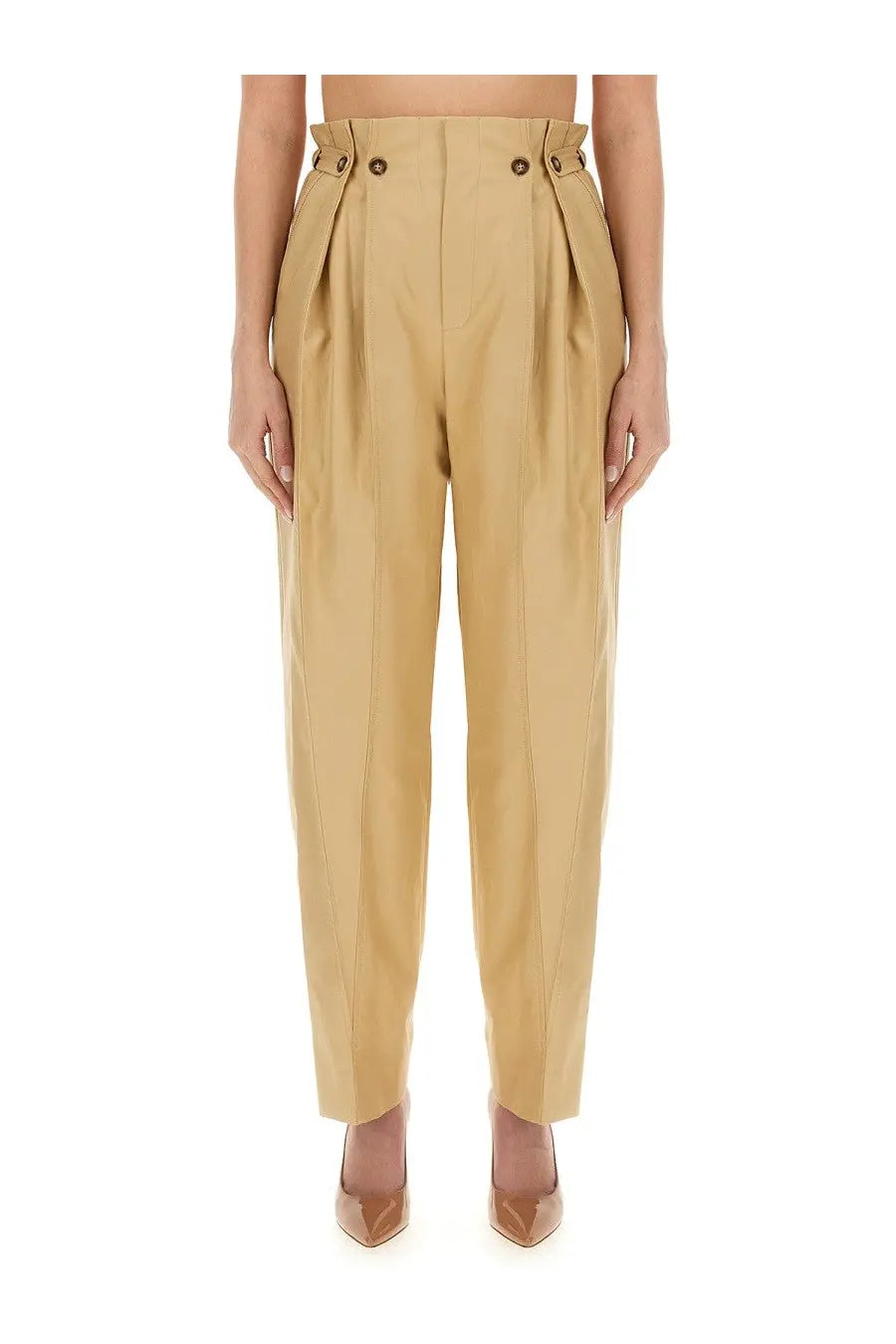 Victoria Beckham women’s beige high-waisted trousers with pleated front and button waistband details