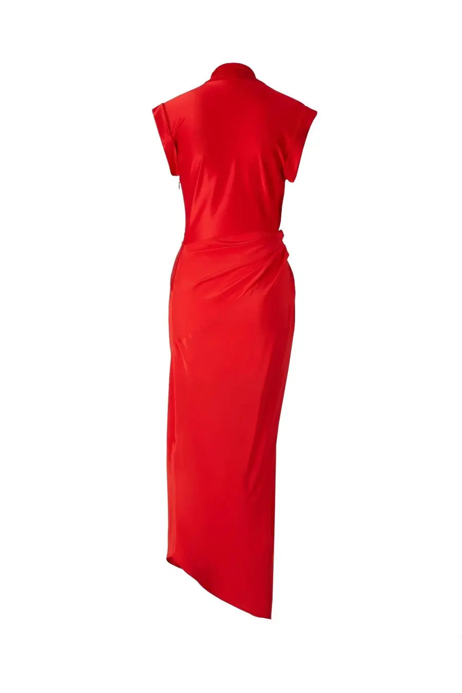Victoria Beckham women’s silk long dress in vibrant red satin with a high collar and short sleeves midi design