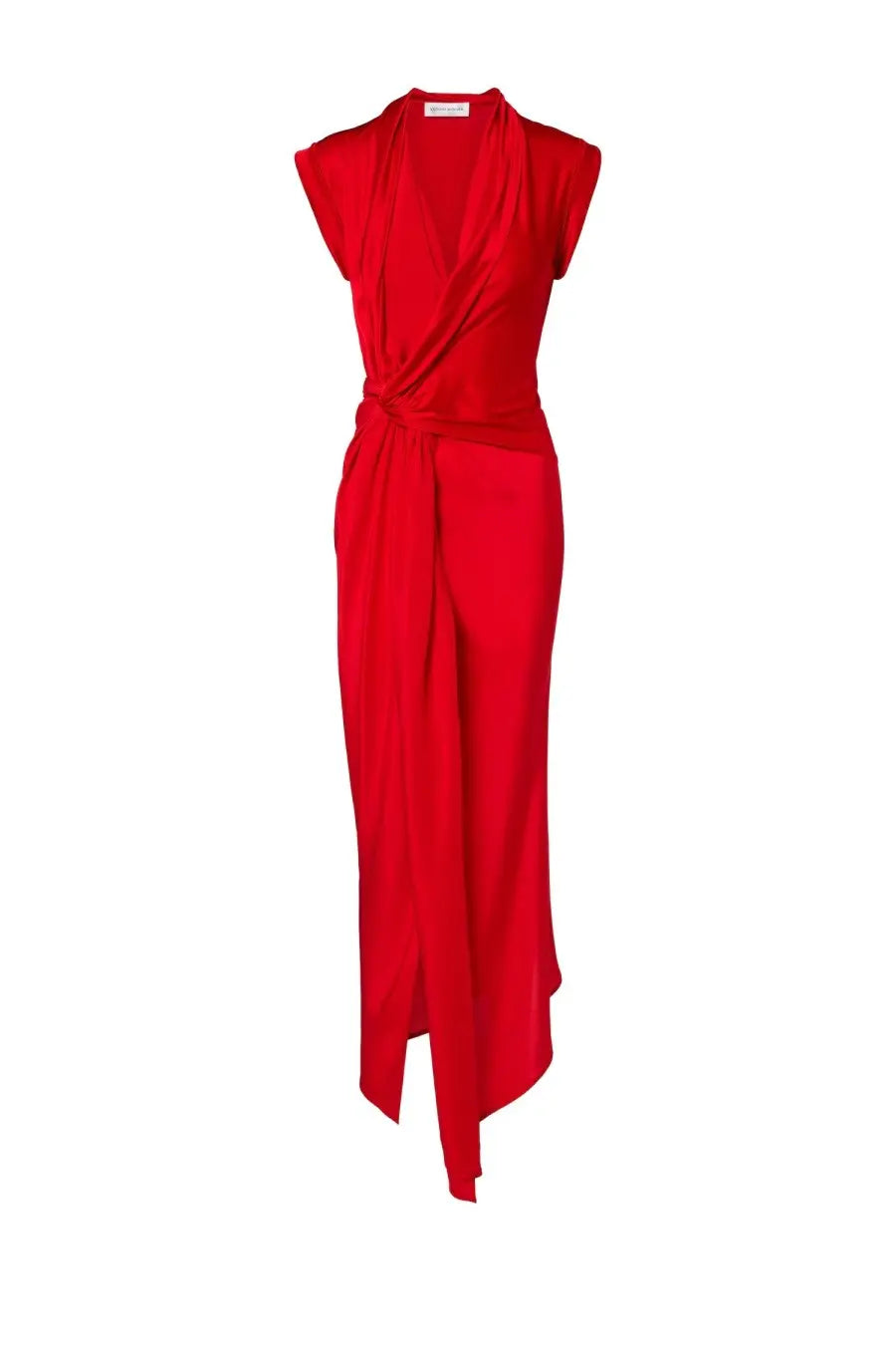 Victoria Beckham women’s silk long dress in vibrant red with sleeveless wrap design and asymmetrical hemline