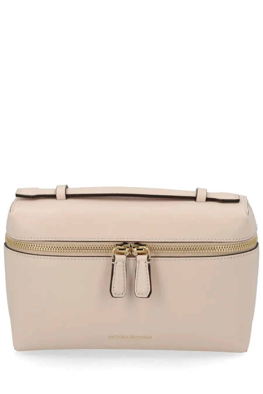 Beige leather victoria beckham clutch with gold-tone zipper and top handle for stylish everyday use