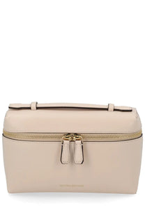 Beige leather victoria beckham clutch with gold-tone zipper and top handle for stylish everyday use