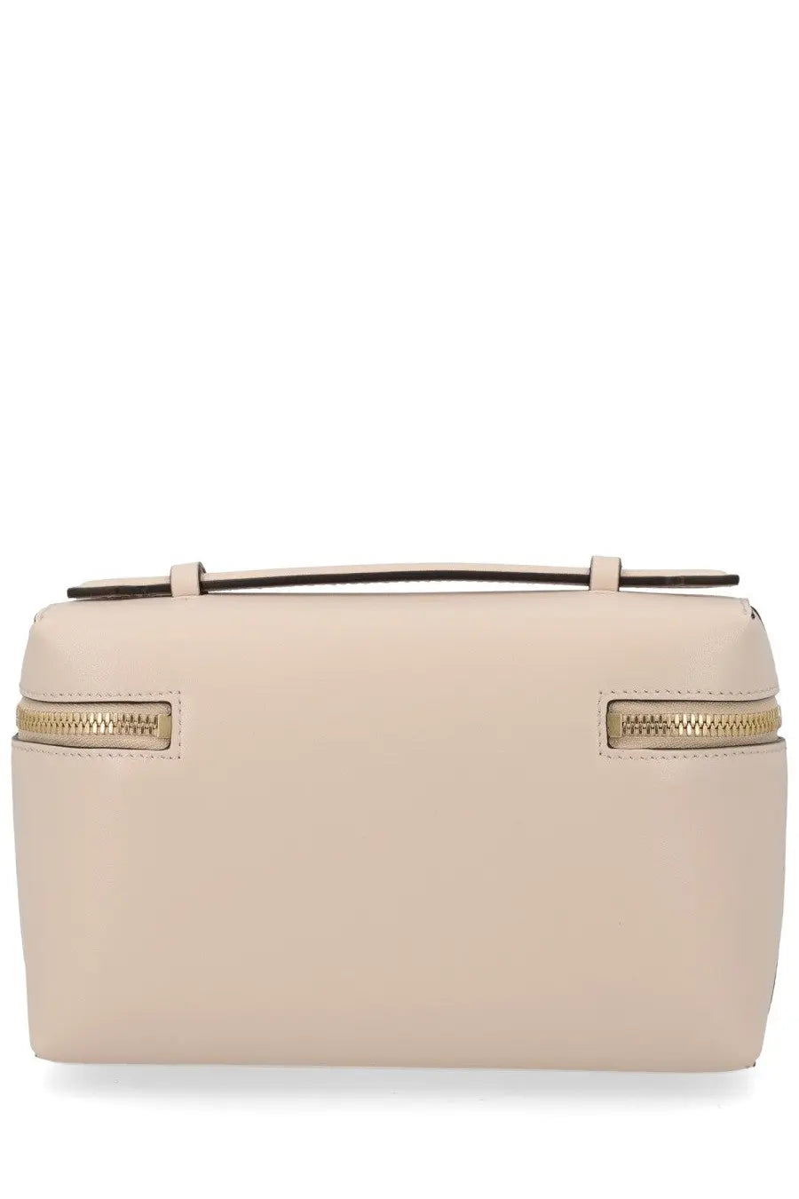 Beige leather clutch with gold-tone zippers and top handle from Victoria Beckham women’s vanity bag blue collection