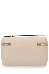 Beige leather clutch with gold-tone zippers and top handle from Victoria Beckham women’s vanity bag blue collection