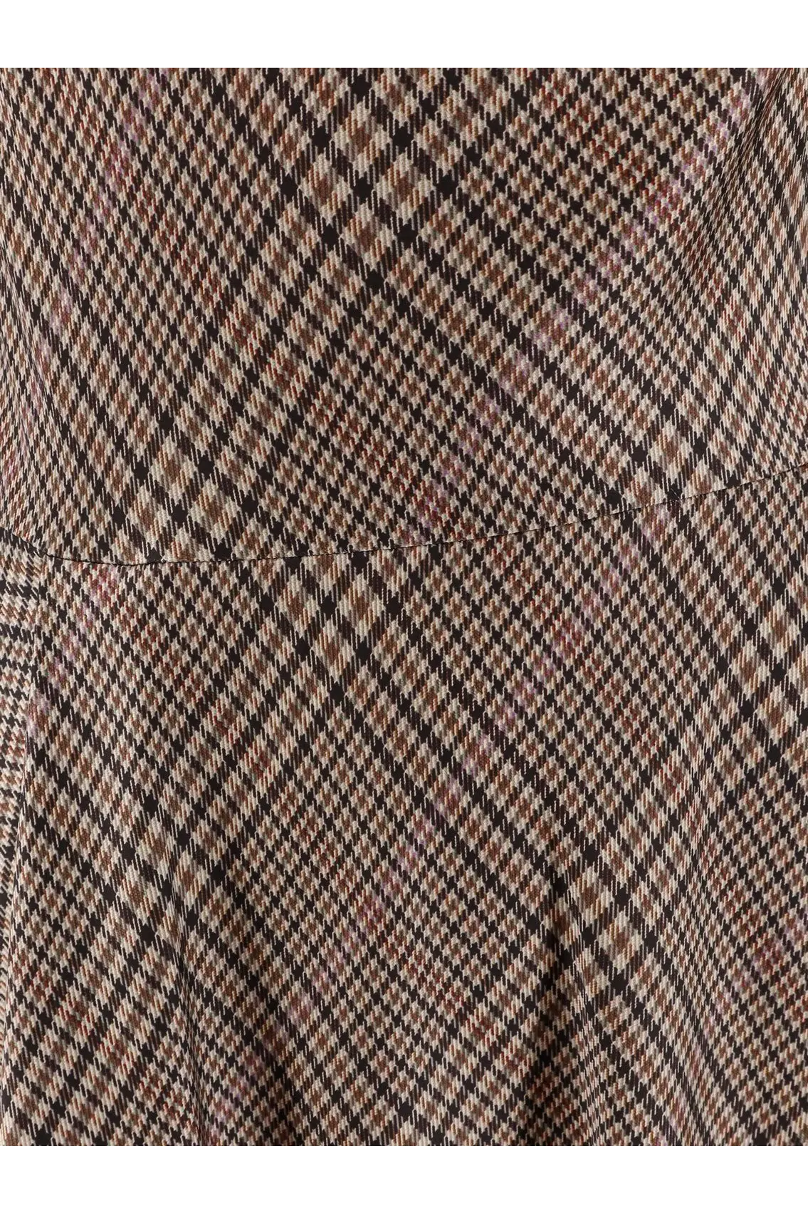 A close-up of Vince women’s tartan long dress in brown tweed fabric with classic houndstooth pattern