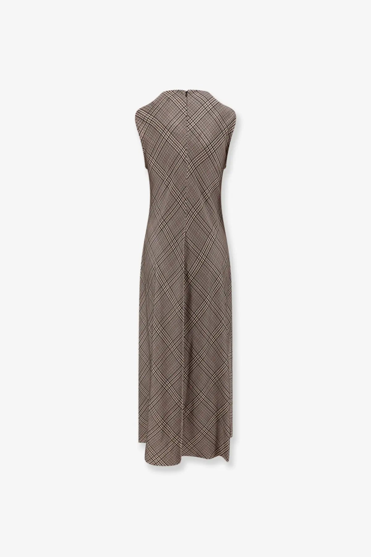 Vince women’s tartan long dress brown sleeveless floor-length in classic brown and black plaid pattern