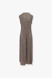 Vince women’s tartan long dress brown sleeveless floor-length in classic brown and black plaid pattern