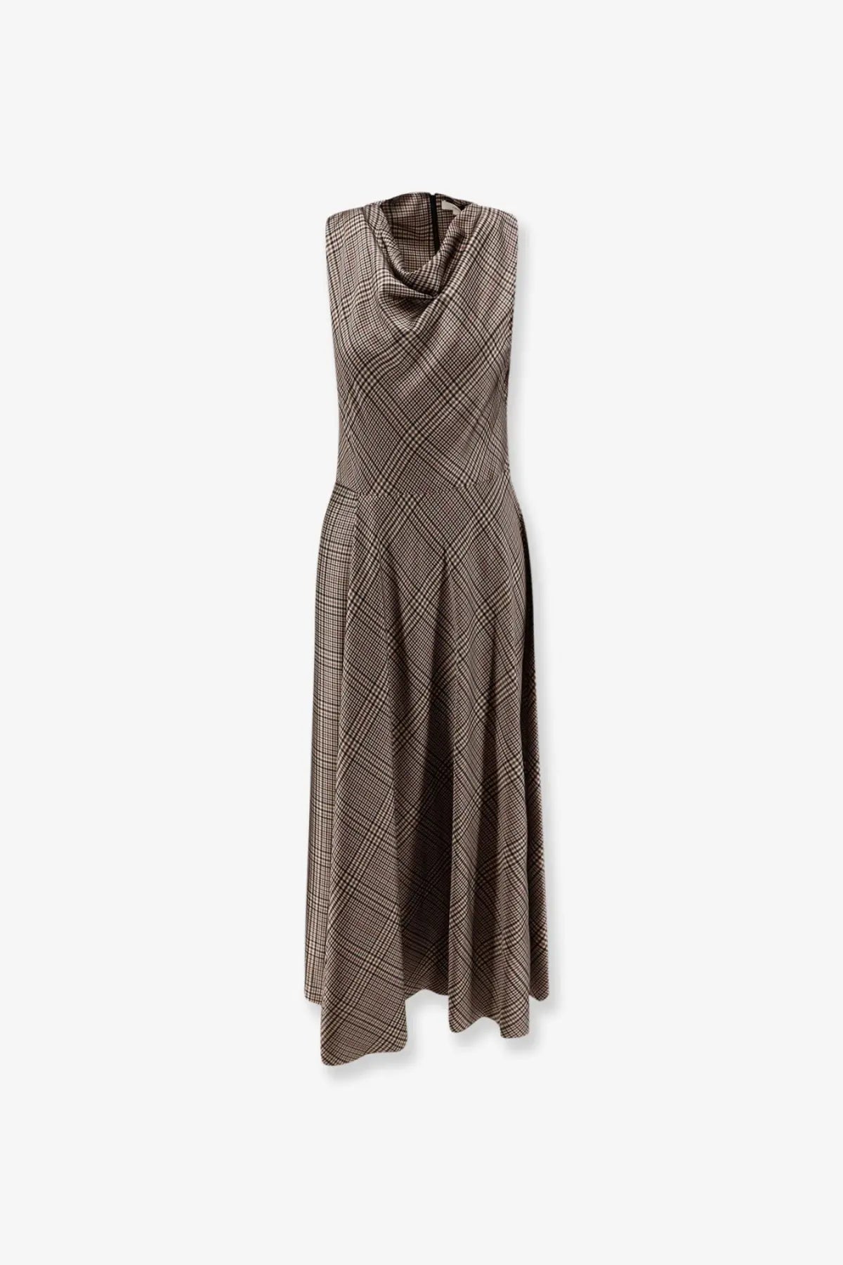 Vince women’s tartan long dress in brown featuring a sleeveless design and draped cowl neckline in plaid pattern