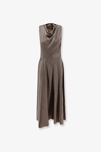 Vince women’s tartan long dress in brown featuring a sleeveless design and draped cowl neckline in plaid pattern