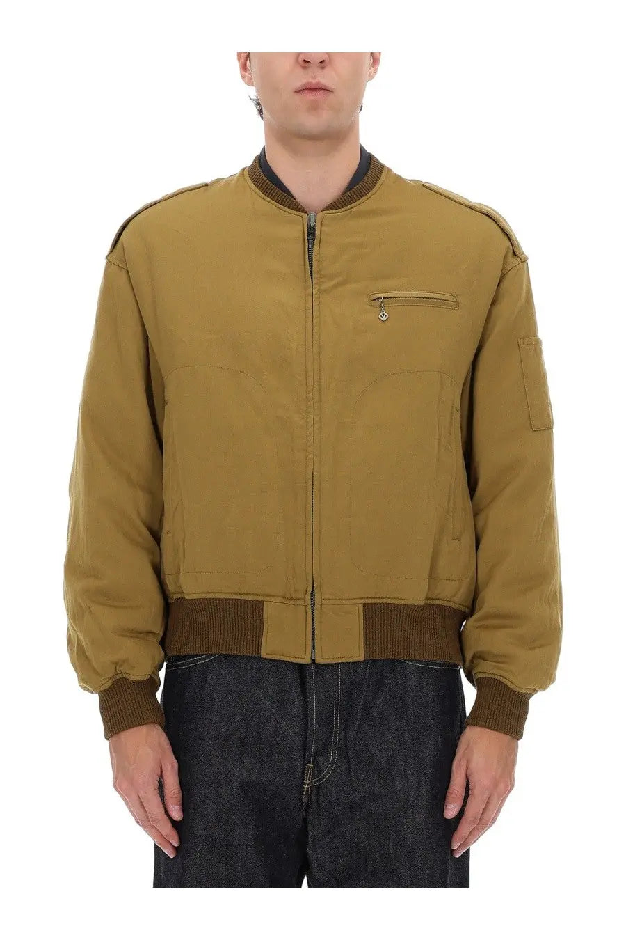 Visvim men’s gunner down jacket brown tan bomber jacket with ribbed brown cuffs collar and waistband visible front view