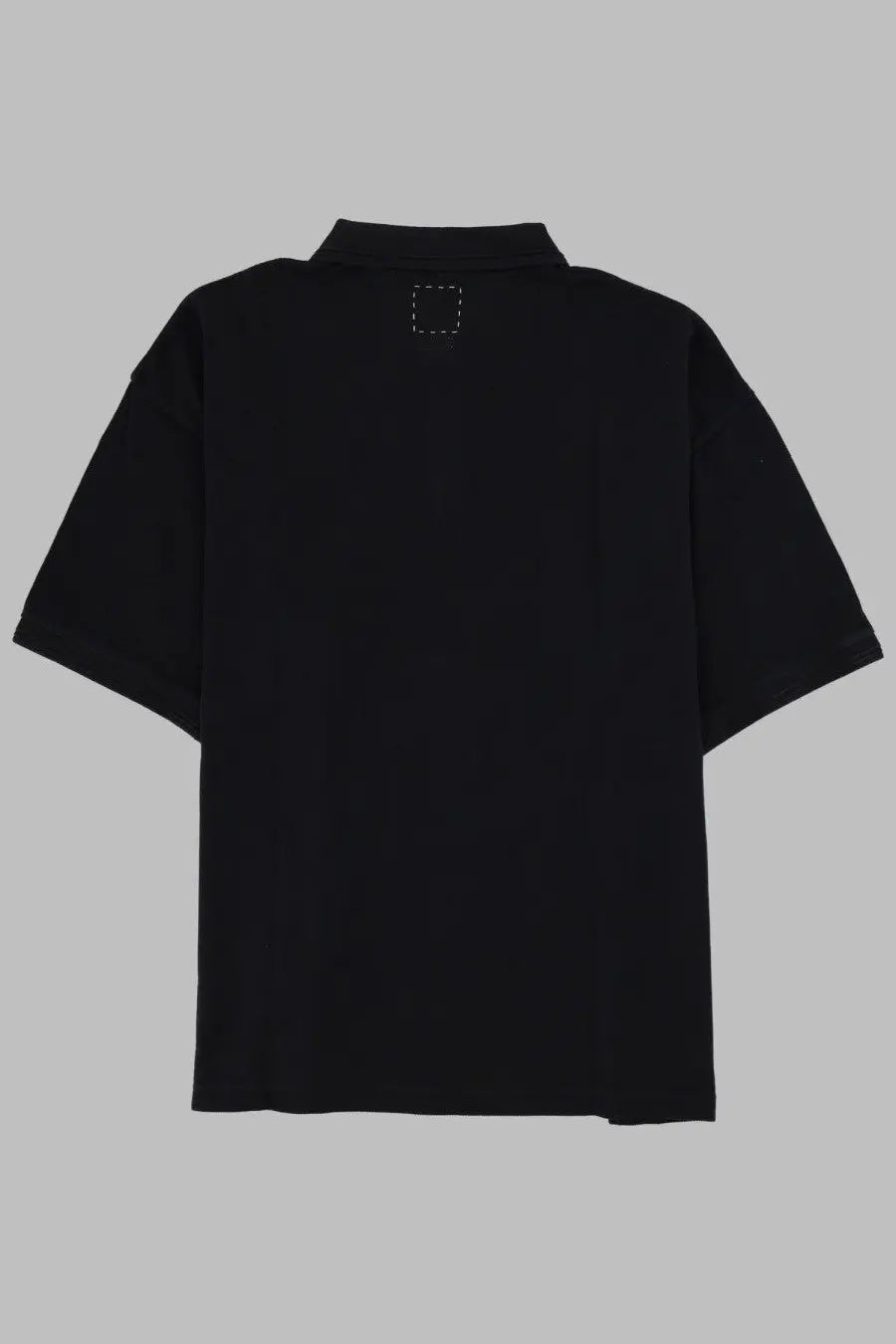 Visvim men’s black short-sleeved polo shirt with subtle stitched square detail at the collar for casual wear