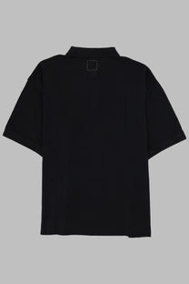 Visvim men’s black short-sleeved polo shirt with subtle stitched square detail at the collar for casual wear