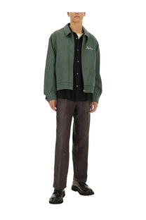 Visvim men’s shirt black olive green canvas work jacket with subtle white embroidery on left chest