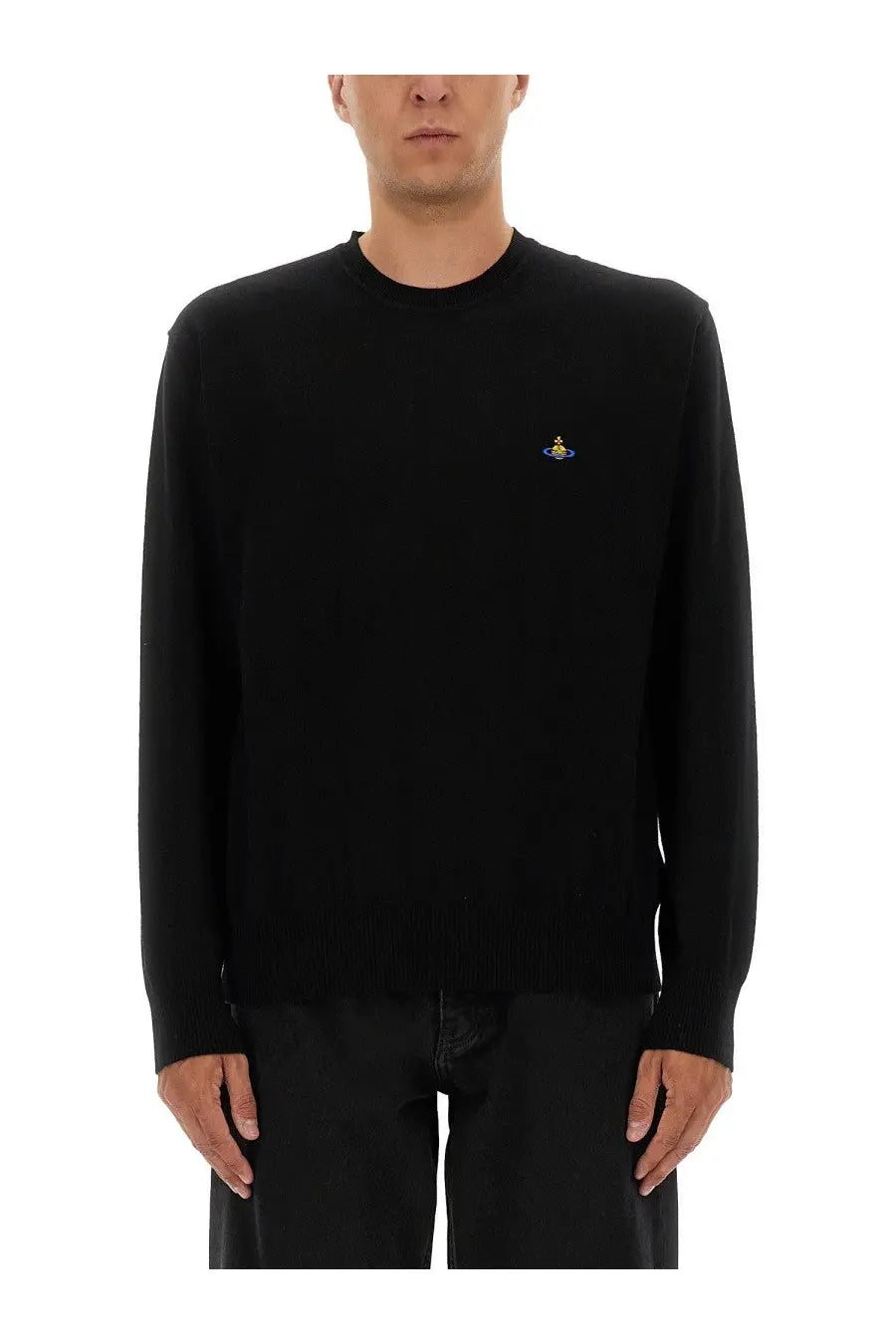Vivienne Westwood men’s black crewneck sweater with small embroidered logo on left chest made from jersey fabric