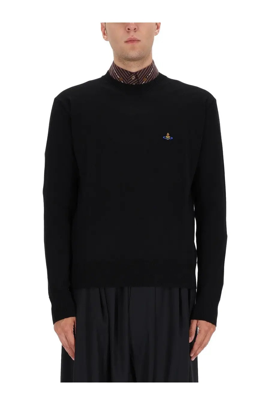 Vivienne Westwood men’s black long-sleeved jersey sweater with small embroidered logo on left chest