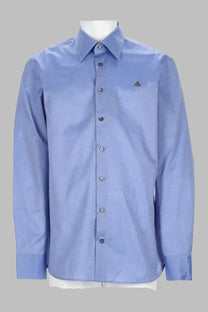 Vivienne Westwood men’s camicia ghost blue long-sleeved button-down shirt with subtle textured weave and small logo