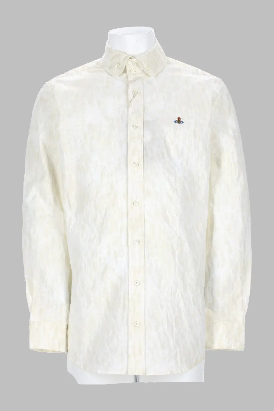 Cream-colored textured linen button-down shirt with subtle pattern and vivienne westwood logo on left chest