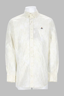 Cream-colored textured linen button-down shirt with subtle pattern and vivienne westwood logo on left chest