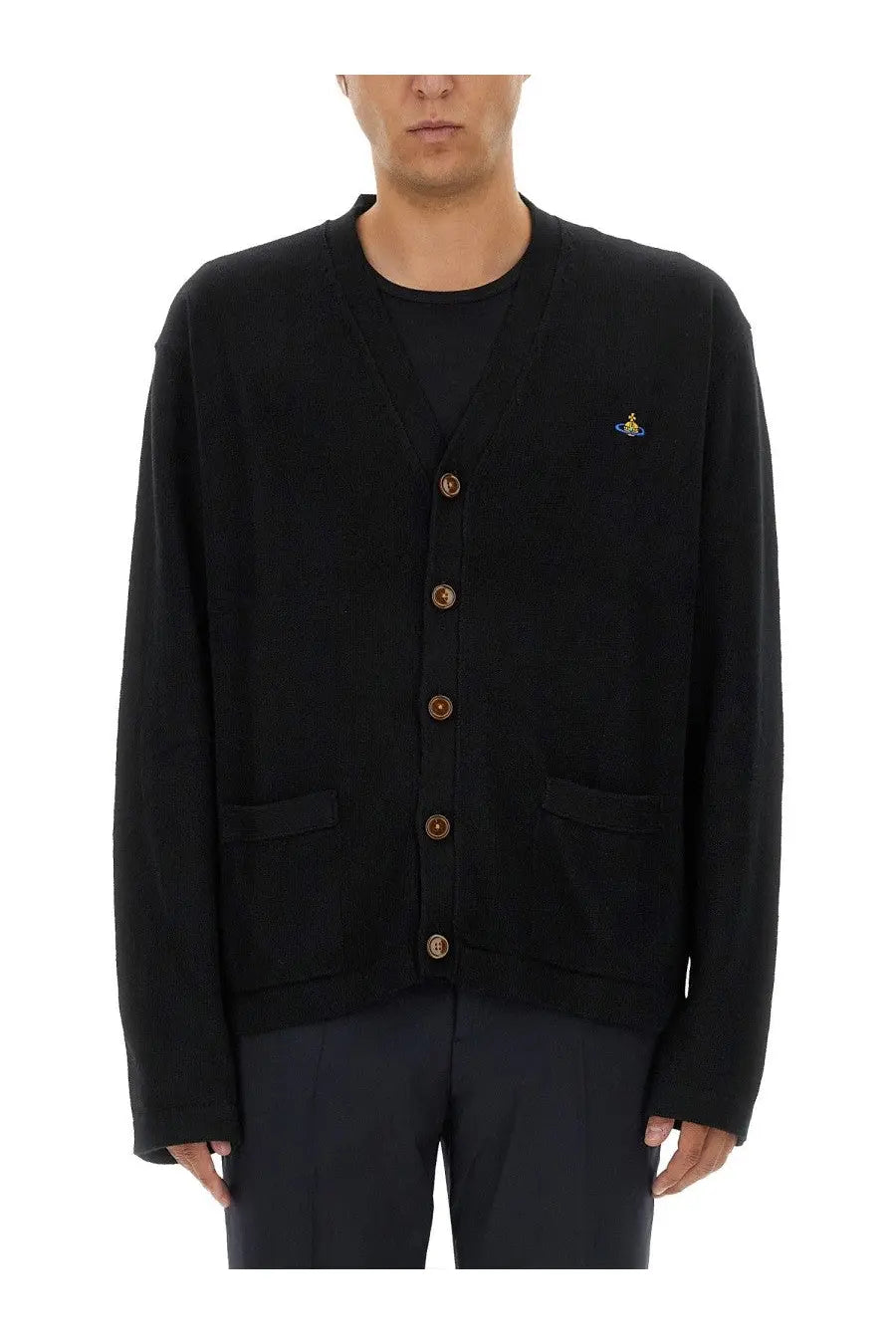 Vivienne Westwood men’s black cardigan Alex with gold toned buttons and small embroidered logo on left chest