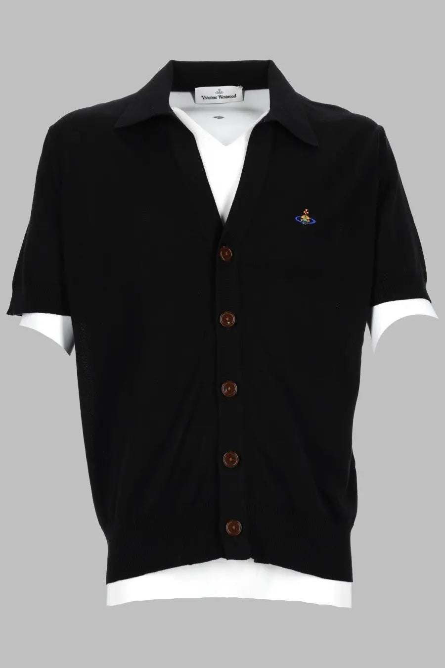 Vivienne Westwood men’s black short-sleeved cardigan polo with white collar and cuffs brown buttons and logo embroidery