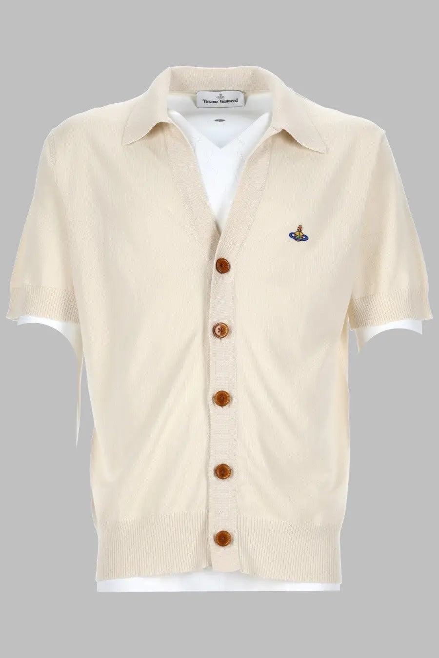 Vivienne Westwood men’s cream-colored knitted short-sleeve cardigan with brown buttons and embroidered logo