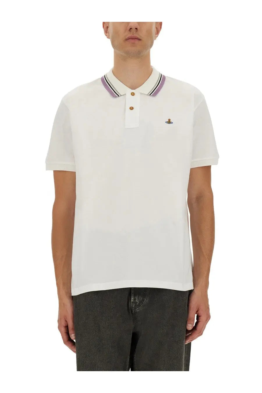 Vivienne Westwood men’s classic white cotton pique polo shirt with striped collar and embroidered logo