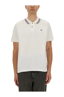 Vivienne Westwood men’s classic white cotton pique polo shirt with striped collar and embroidered logo