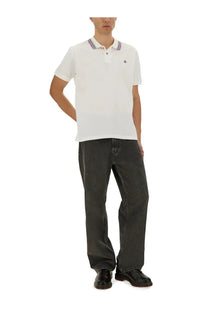 Vivienne westwood men’s classic white cotton pique polo shirt with striped collar and small embroidered logo
