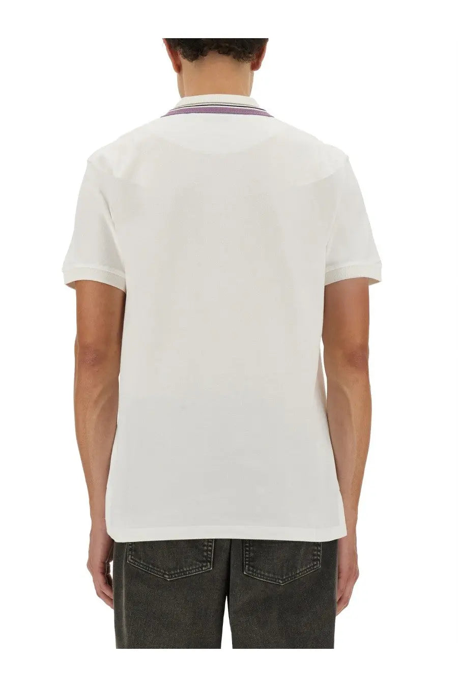 Vivienne westwood men’s classic white cotton pique polo shirt with short sleeves and thin purple striped collar trim