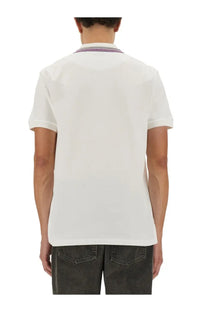 Vivienne westwood men’s classic white cotton pique polo shirt with short sleeves and thin purple striped collar trim