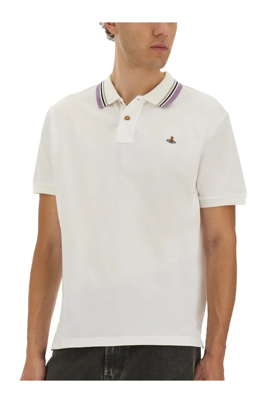 Vivienne Westwood men’s classic white cotton pique polo shirt with embroidered logo and purple black white striped collar accents