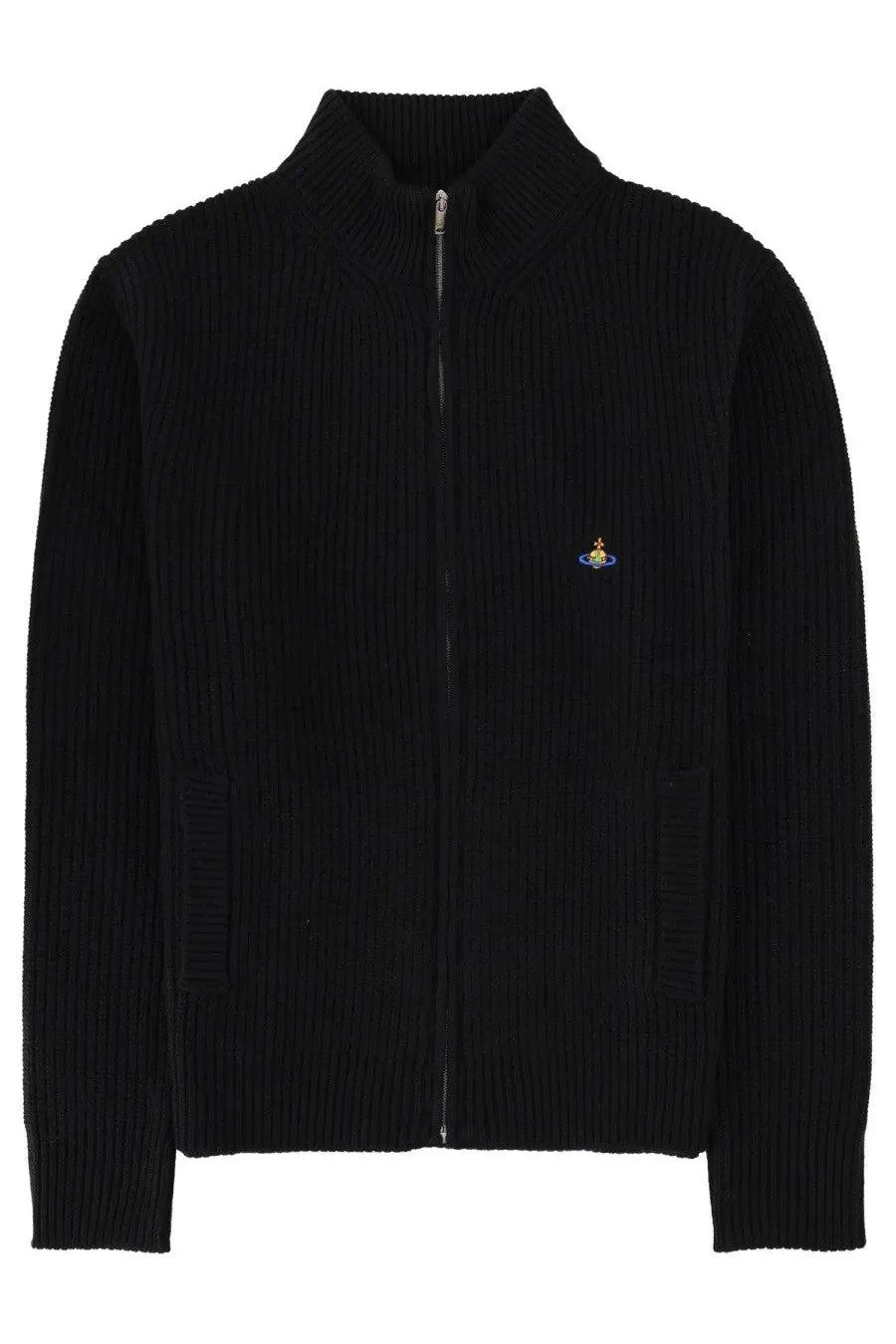 Vivienne Westwood men’s black ribbed knit zip-up sweater with a small embroidered logo on the left chest