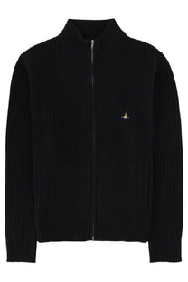 Vivienne Westwood men’s black ribbed knit zip-up sweater with a small embroidered logo on the left chest