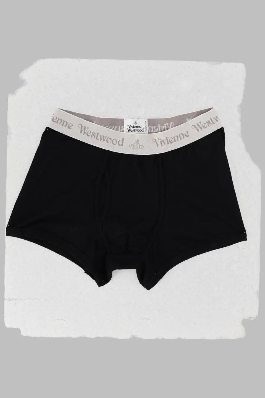 Black vivienne westwood men’s boxer briefs in cotton with light gray waistband featuring brand name and logo