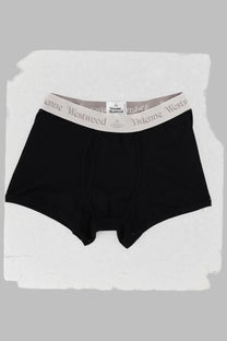Black vivienne westwood men’s boxer briefs in cotton with light gray waistband featuring brand name and logo