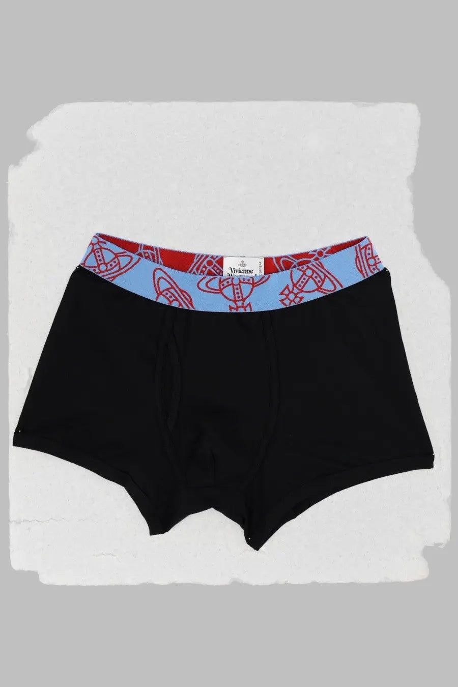 Vivienne Westwood men’s black boxer briefs in cotton with light blue waistband and red white logo pattern